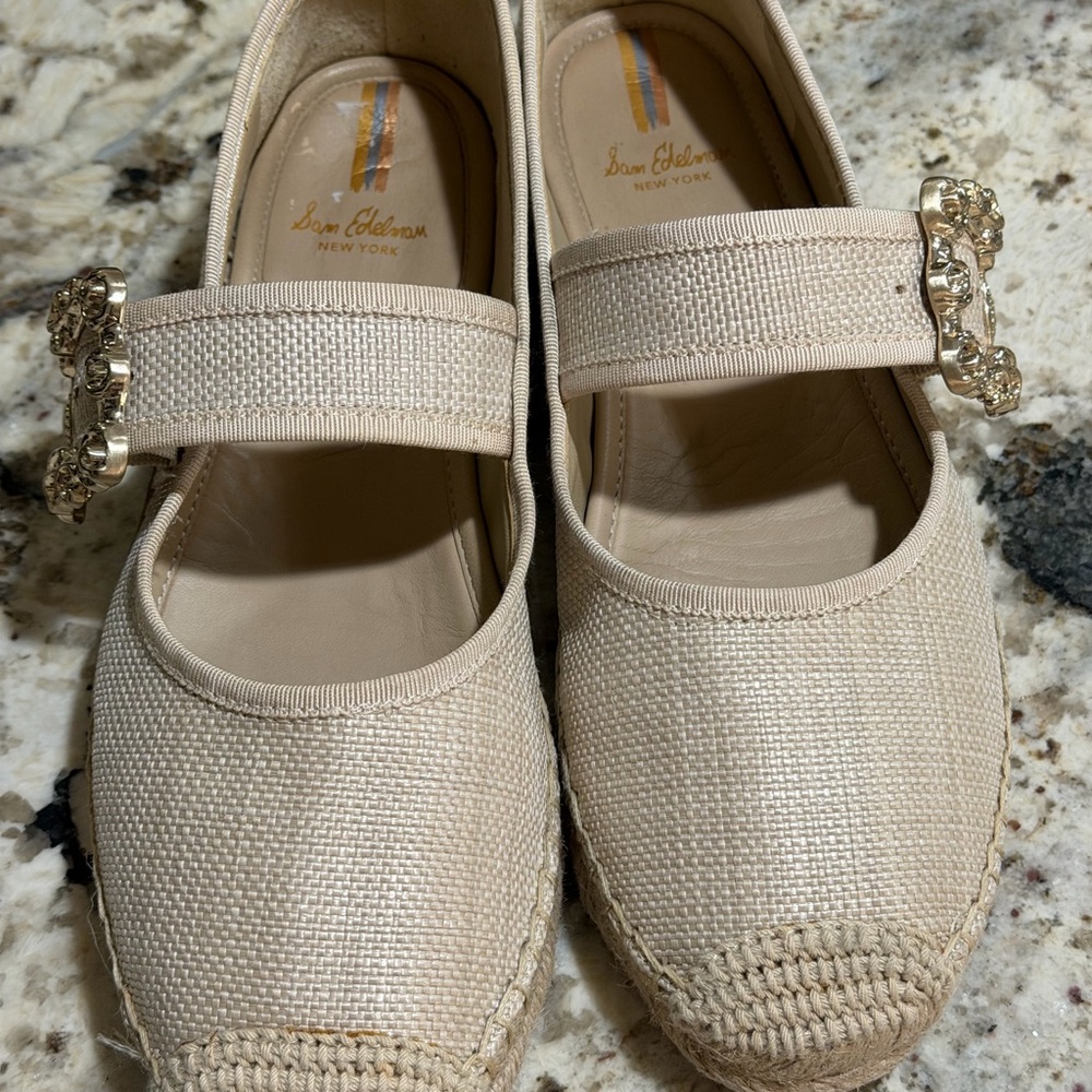 Sam Edelman Beige Espadrille Mary Jane Flats with Rhinestone Buckle - Picture 2 of 10